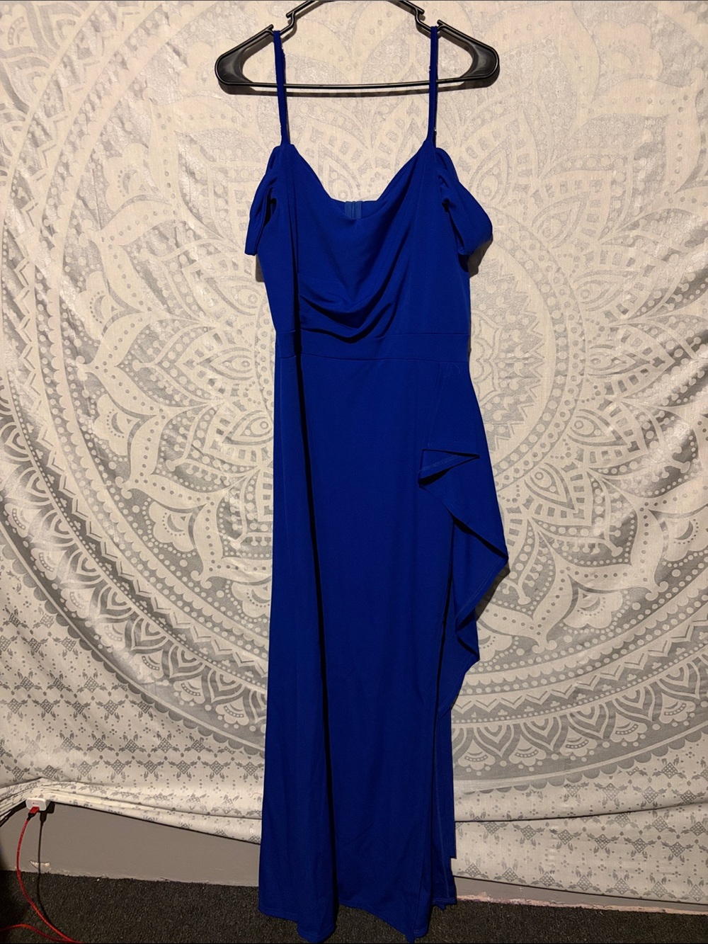Off Shoulder Cold Shoulder Royal Blue Maxi Gown 2XL Cascading Side Ruffle